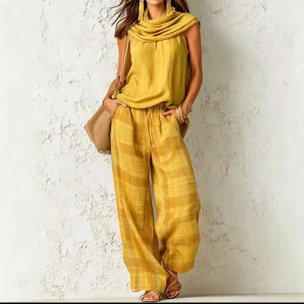 Women’s Casual Pants Set Sleeveless Draped Neck Top and High Waist Plaid Wide Leg Trousers 2 Piece Suit for Office Vacation Club