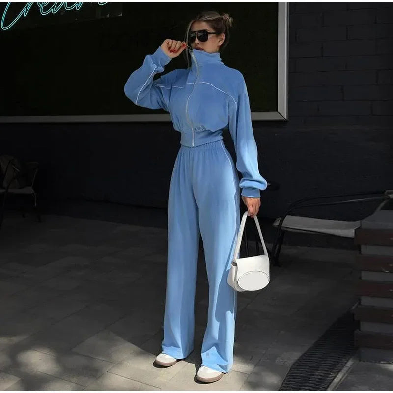 Women's Casual Solid Color Two-piece Short Stand-up Collar Jacket Wide-leg Pants 2026 Street Style Women's Clothing Set
