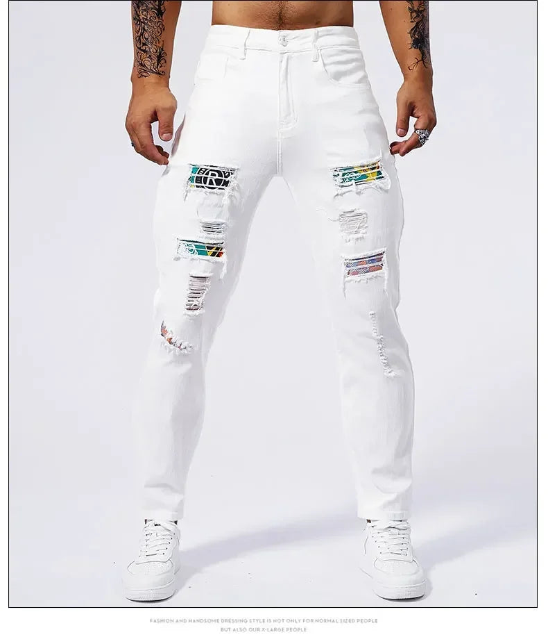 White 97% Cotton Jeans Men Clothing New Ripped Slim Patchwork Fashion Hole Skinny Elasticity Denim Trousers Male Streetwear