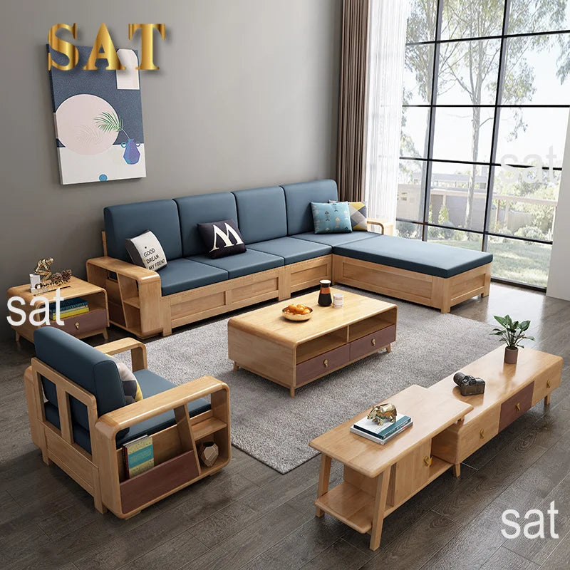 #Nordic Type Simple Modern Solid Wood Sofa Set Furniture Living Room Fabric Sectional Sofa