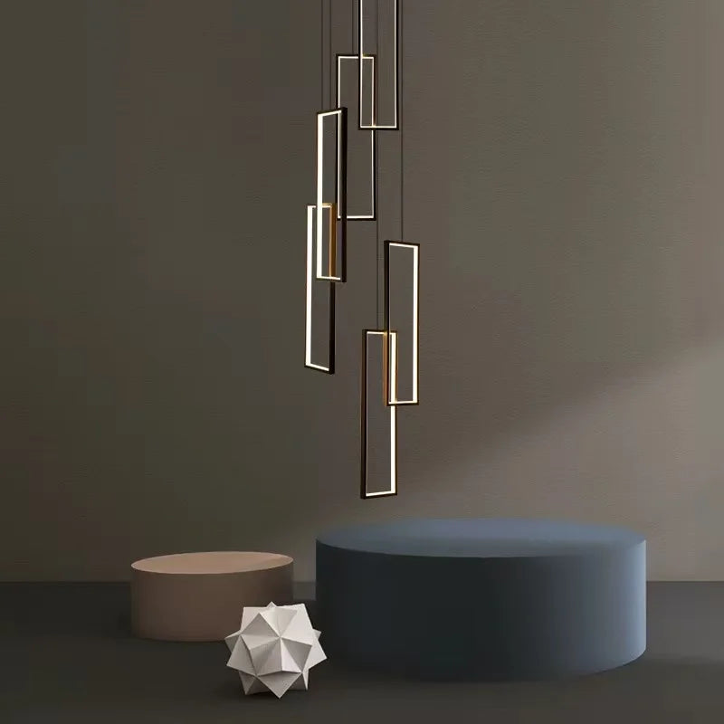 Modern Simple Staircase LED Chandeliers Aluminum Squarer Pendant Lights Loft Villa Duplex Exhibition Hall Decor Lighting Fixture