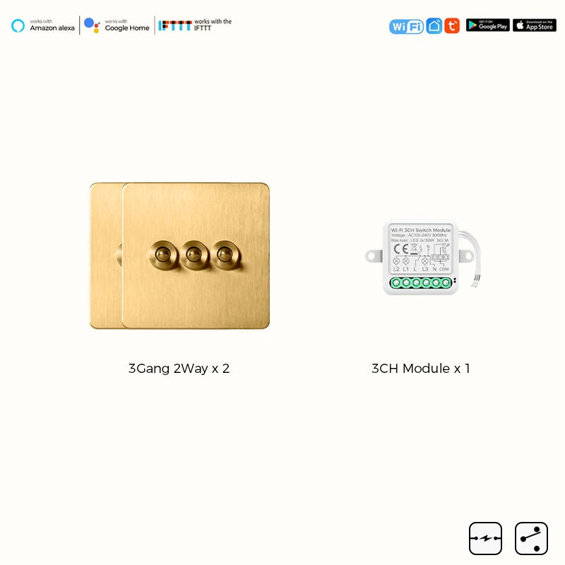 Avoir Tuya Smart Life Home Control Mini Wifi Module Wireless Gold Light Switches 1-4 Gang 2 Way Alexa Rocker Toggle Switch 220V
