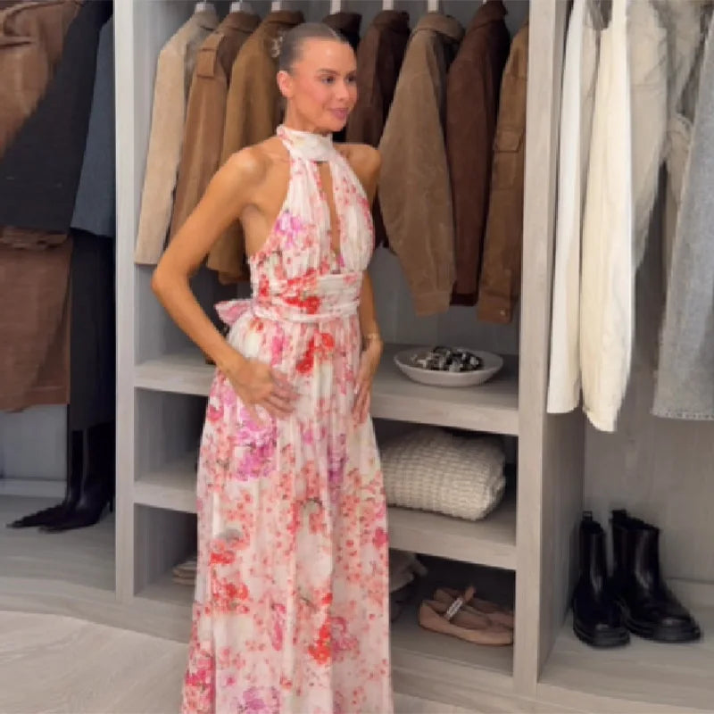 Floral Print Halter Maxi Dress Women Spring V Neck A Line Vacation Vestidos Backless Sleeveless Robes 2026 NEW Lady Long Dresses