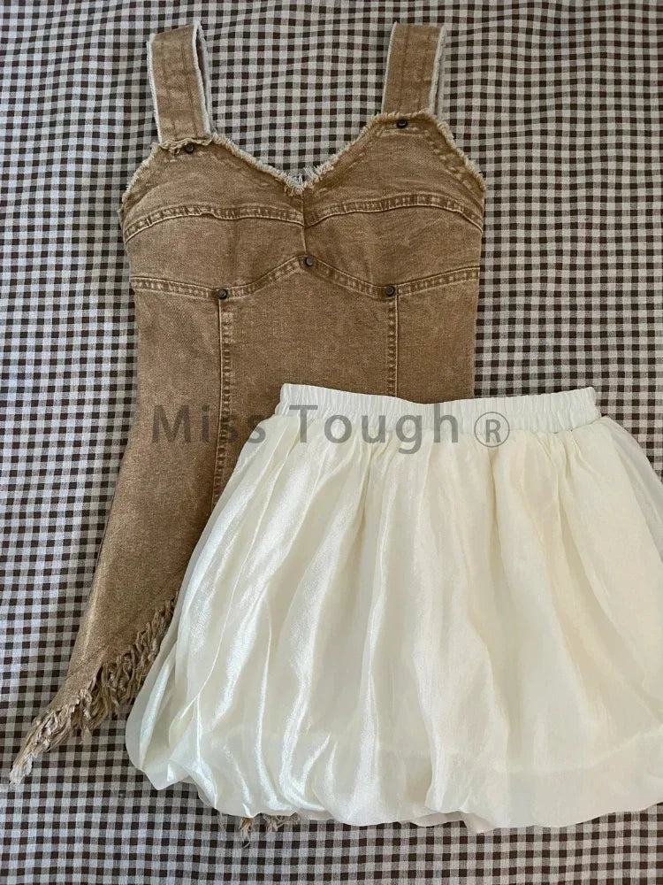 Summer Korean Fashion Retro 2 Piece Set Women Y2K Zipper Denim Tank Top Slim Top+mini Skirts Female Streetwear Hot Girl Suit New