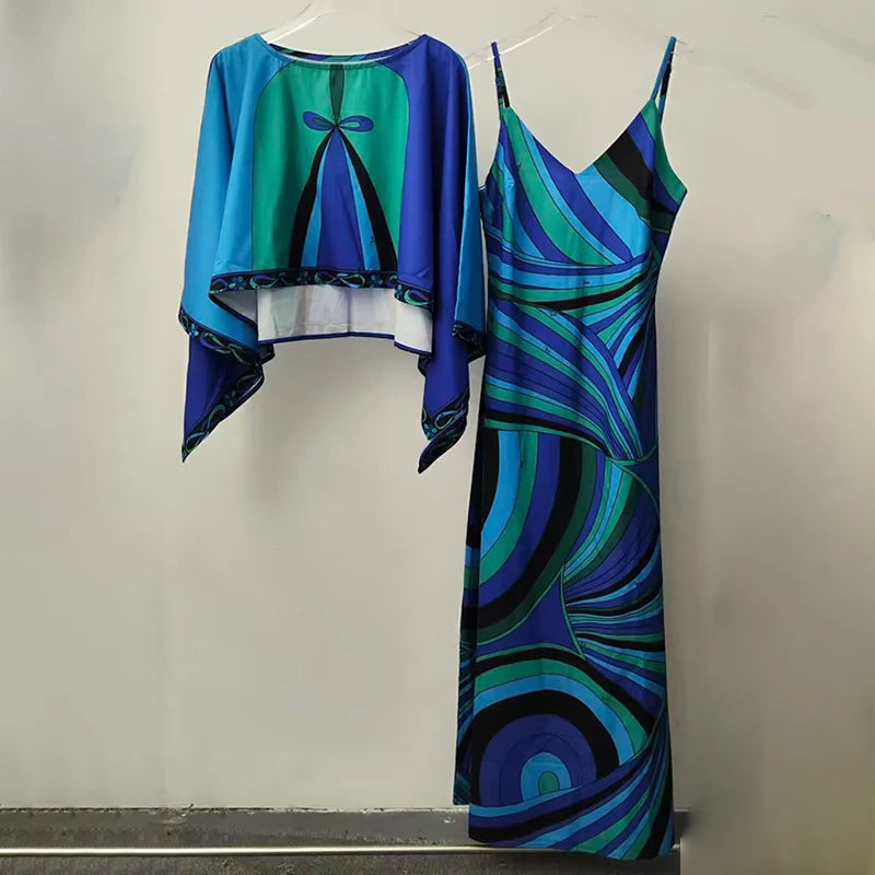 2026 Summer Women's Clothing Retro Geometric Print Loose Short Pullover Two-piece Set + Long Sexy Suspender Dress Fashion Suit