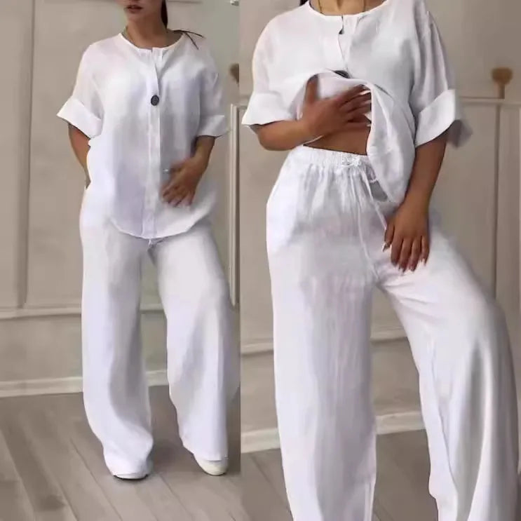 Fashion Solid 2 Piece Pant Sets Women Spring Autumn Buttons V-neck Long Sleeve T Shirt Wide Legs Trousers Two Piece Set Female