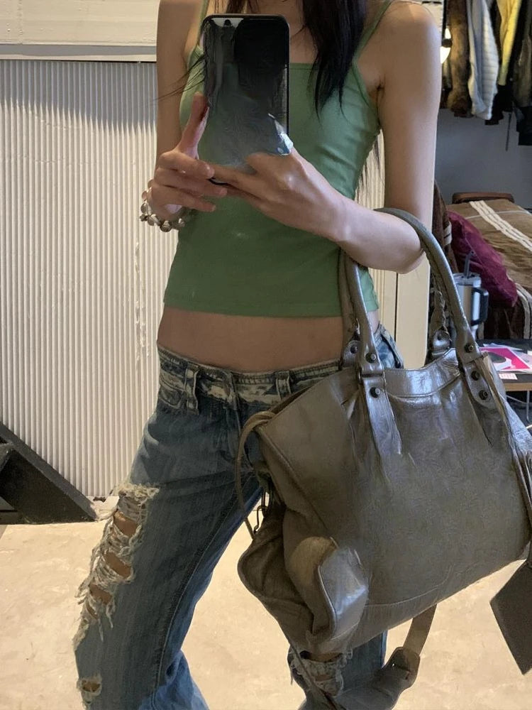 Women Streetwear Vintage Ripped Jeans 2026 Summer Hole Design 2000s Boyfriend Denim Pants American Retro Casual Trousers