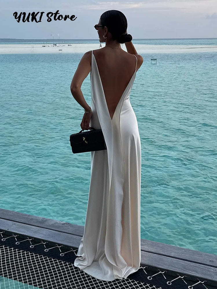 Backless Satin Long Sling Dress Women V Neck Sleeveless Slit Solid Sexy Party Dresses 2026 Summer Lady Vacation Evening Robes