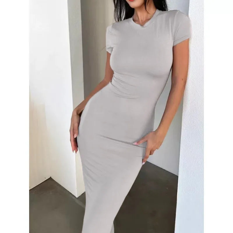 2026 Spring Summer European American Women's Solid Color Slim Fit Waist Hugging Elegant Short Sleeve Fashion Dress