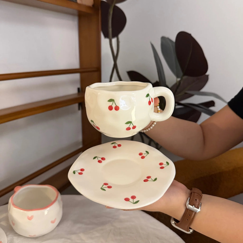 ins style retro flower ceramic cups and saucers, hand-squeezed irregular coffee cups and saucers, afternoon tea cups and saucers