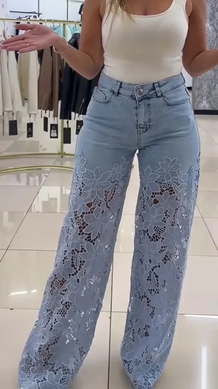 Denim Wide Leg Pants Women Jeans Lace Hollow Out High Waist Washed Distressed 2025 Straight Trousers Floor Length Streetwear