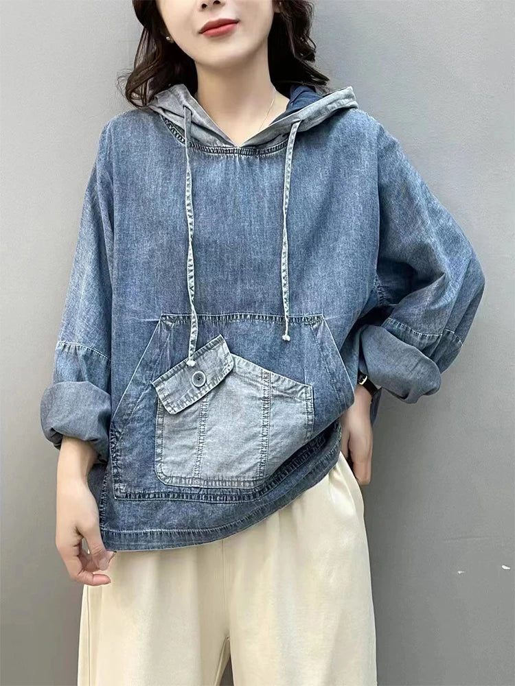 Amax luluE Spring Fashion Denim Hoodies Womens Vintage Hooded Classic Loose Sweatshirts Ladies Harajuku Leisure Korean Clothes