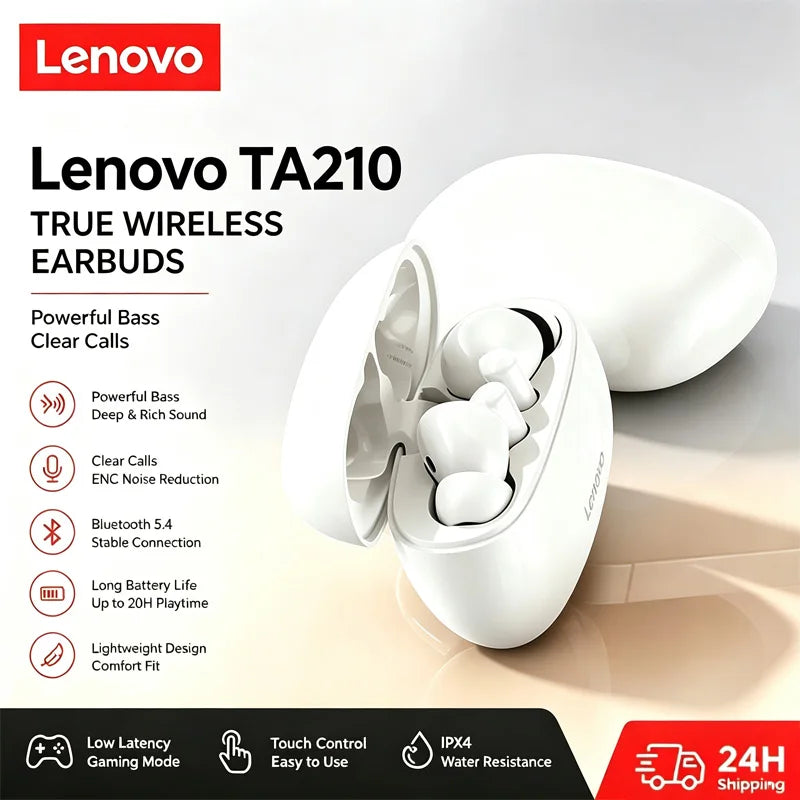 Lenovo TA210 Wireless Bluetooth Earphones Comfortable Fit Sweatproof In-Ear HiFi Sound Low Latency Gaming Headsets Sport Earbuds