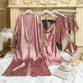 4PC Silk Robe Sleep Suit Womens Lace Satin Pajamas Gown Set V-Neck Cami Nighties Wear Pijama Home Nightwear Spring Nightdress