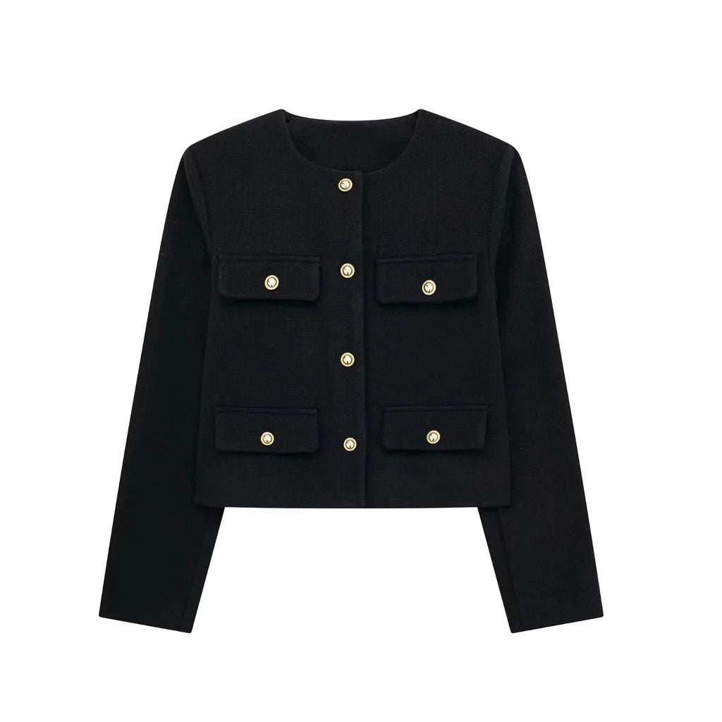 HH Women Vintage Solid Coat Button Long Sleeve O Neck Jacket With Pocket 2024 Spring Elegant Female Casual Outerwear Jakcet
