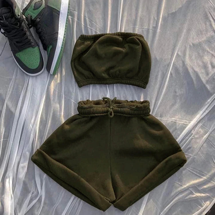 Thin Summer New Solid Color Lace Up Tracksuits Women Sleeveless Backless Tube And Shorts Two Piece Sets Casual 2pcs Outfits