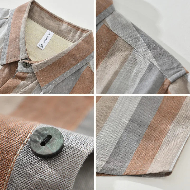 Summer New Linen and Lyocell Cooling Striped Half Sleeve Shirt for Men Casual Turn-down Collar Shirt  EC1292