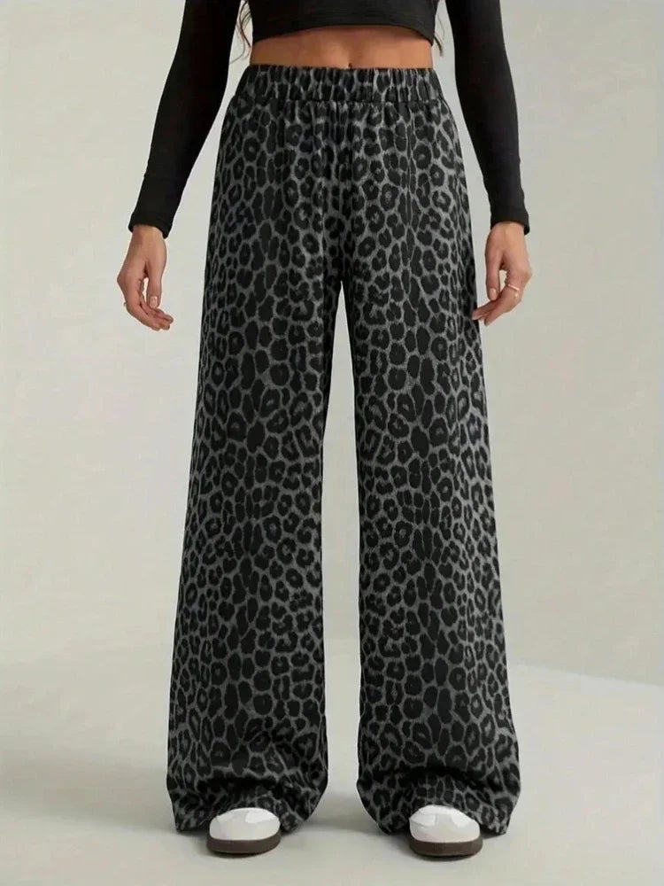 Fashion High Street Straight Casual Pants 2026 New Leopard Print Pants Women Elasticity High Waist Loose Wide Leg Pants Women