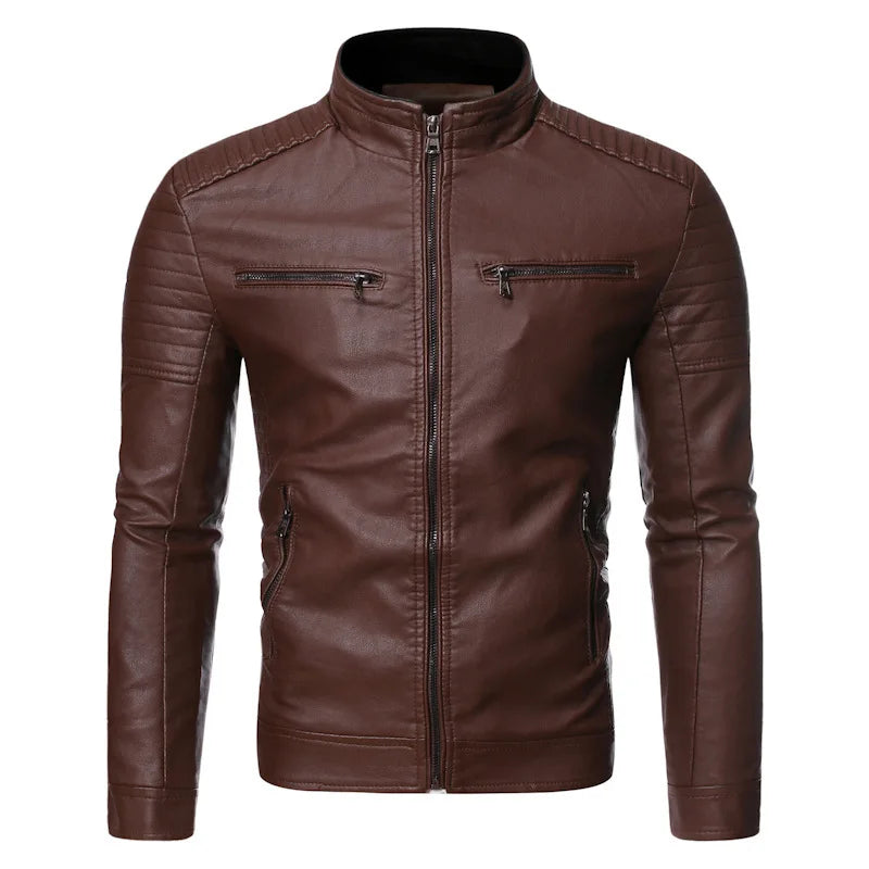 Spring and Autumn Thin Men's Stand-Up Collar Leather Jacket Motorcycle Jacket PU Leather Men's Vintage Jacket