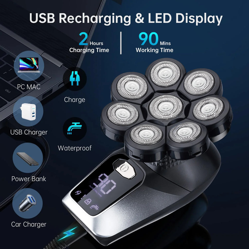 6-In-1 Electric Head Shaver for Bald Men 7 Blades Floating Razor Hair Trimmer USB Recharge LED Display Beard Shavers Waterproof