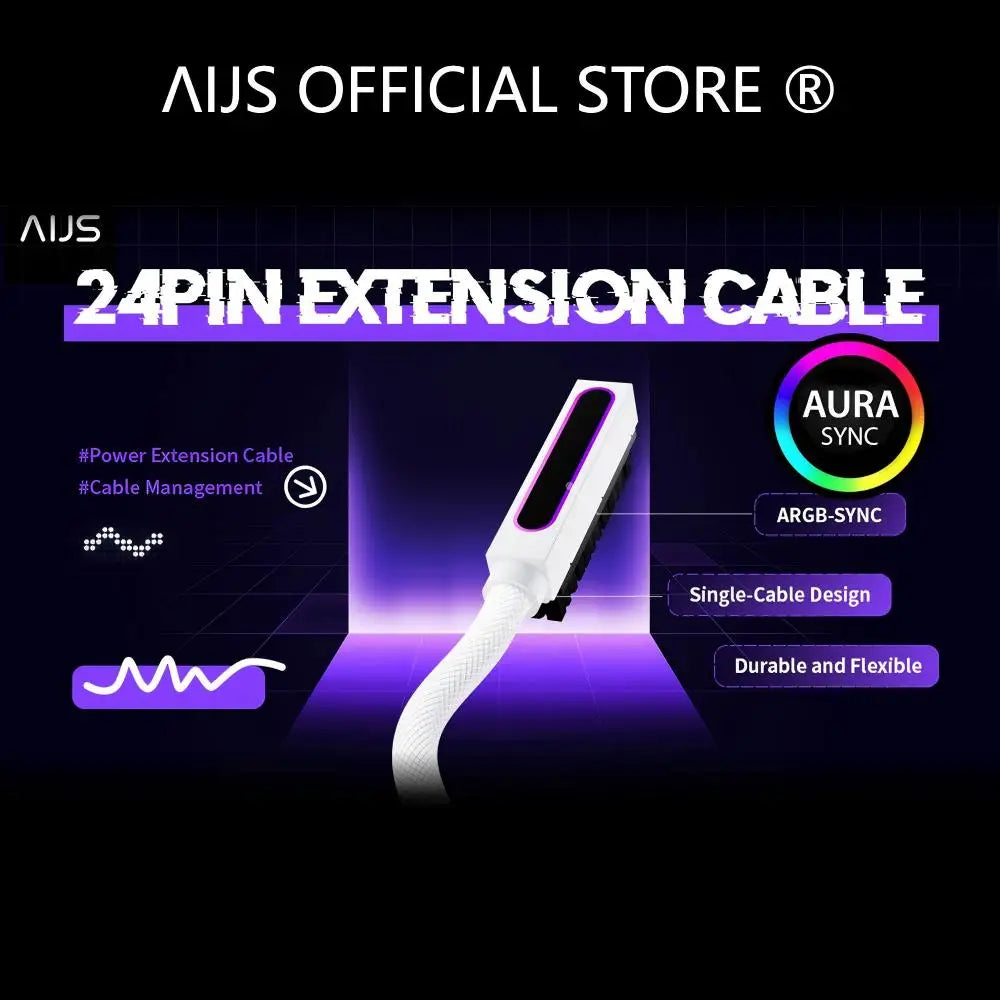 AIJS ATX 24PIN Left Side Extension Cable, ARGB 5V 3Pin, 18AWG One-Line Male-to-Female Connector