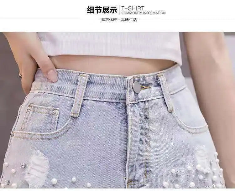 Summer New Style Personalized Denim Shorts for Women Internet Celebrity High Waist Diamond Sequins