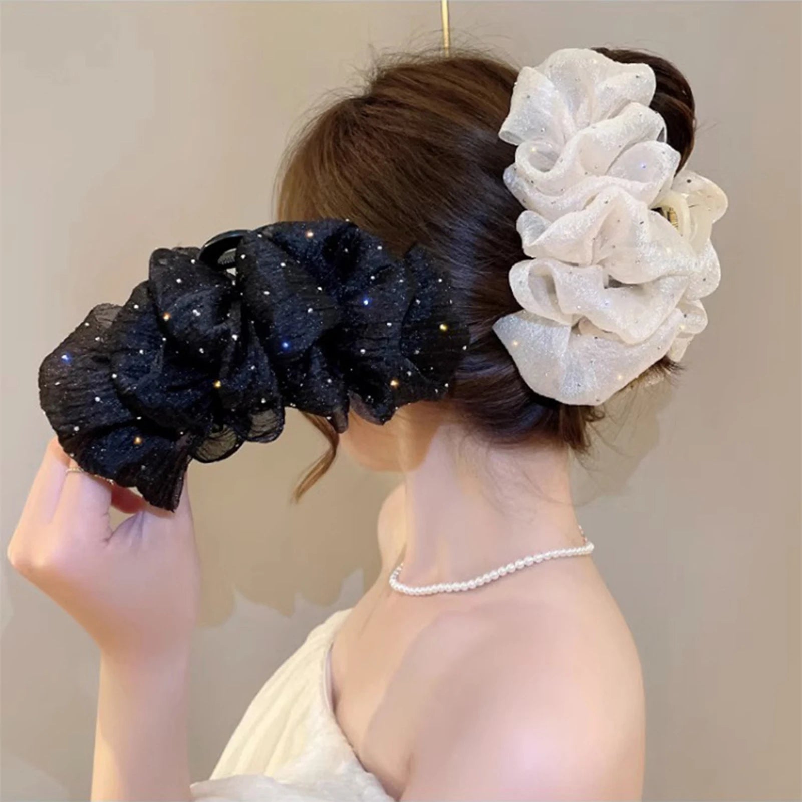 Glitter Rhinestones Hair Claw Clip Double Sided Mesh Bow Hair Clip Creative Large Shark Clip For Women Hair Styling Decorative