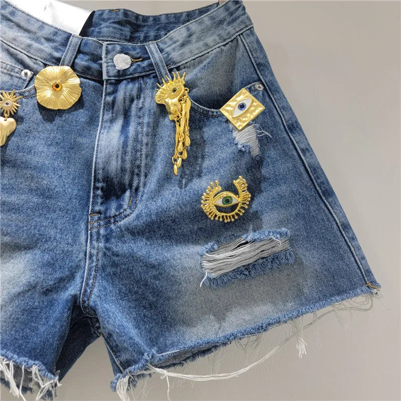 Women Denim Shorts Holes Spliced Print Jeans Pockets Solid Wide Leg Short Pant Tassels High Waist Trousers Casual Streetwear