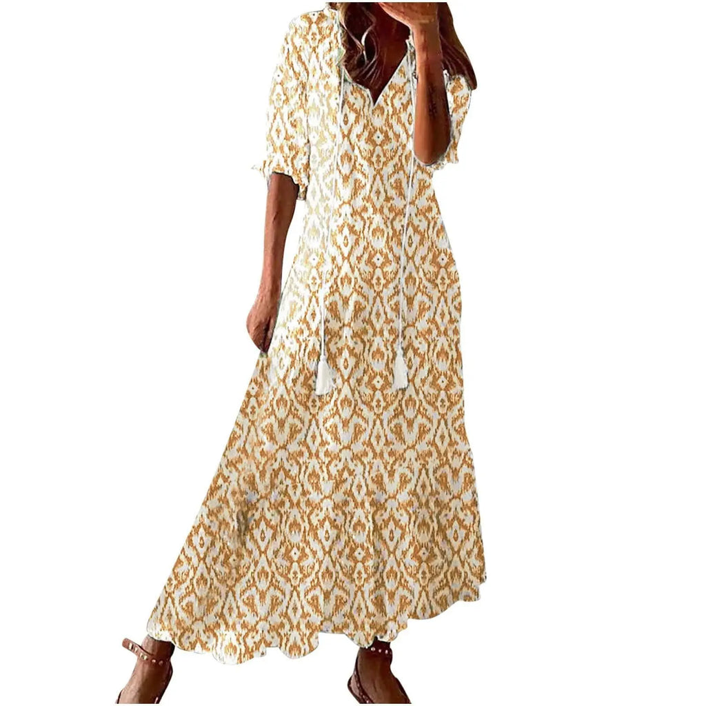 FALL Summer New 2026 Women's Casual Sweet Loose Sexy V-neck Drawstring Fashionable Printed Long Sleeved Boho Bohemian Dresses