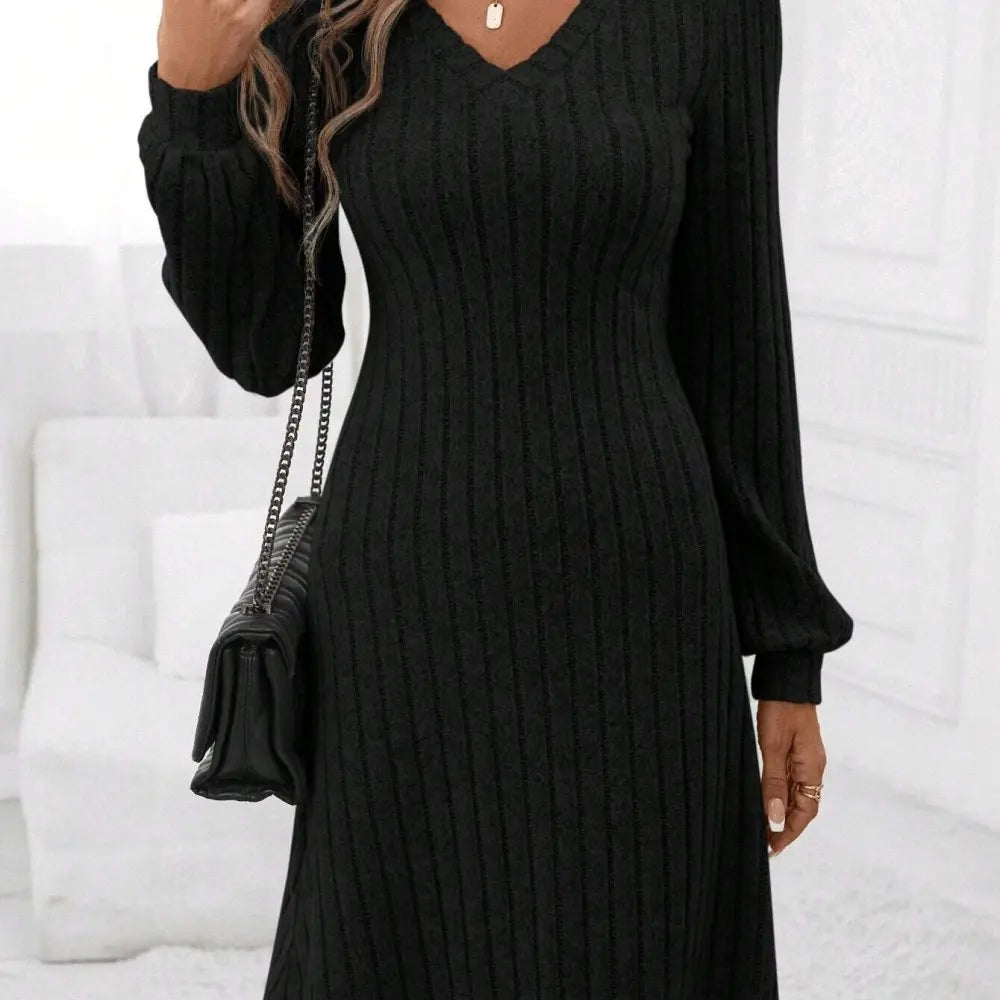 Casual Long Sleeve Brushed Ribbed Knit Dress Womens V Neck Slim Fit Autumn Winter Pullover Solid Color Streetwear