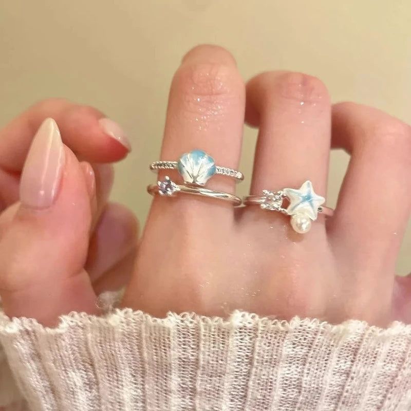 Sweet Blue Starfish Shell Rings for Women Girls Fashion Imitation Pearl Open Rings Summer Ocean Vacation Jewelry Accessories