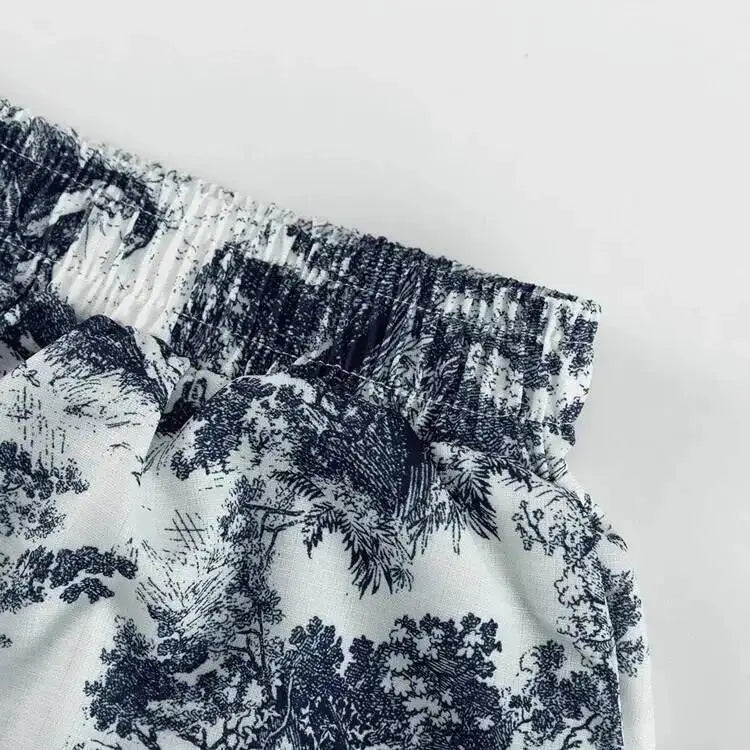 Retro Ink Shirt Three-piece Shorts Suit Women's Summer Casual Long Sleeve Button Print Fashion Shirt With Shorts Suit BX98