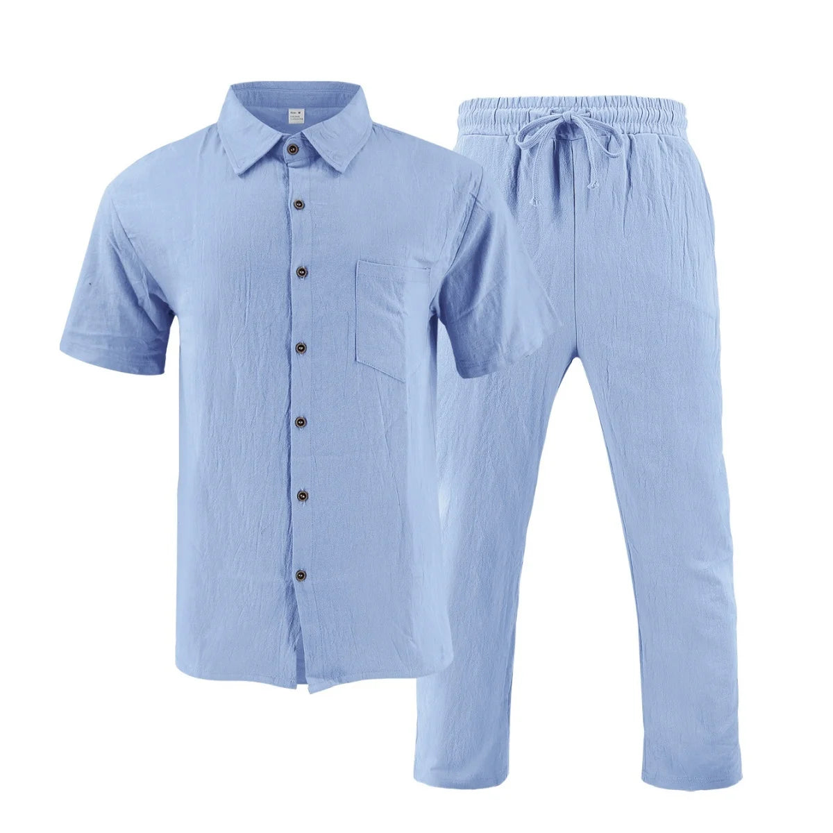 Men's Summer Beach Casual Cotton Linen Shirt Two-Piece Set with Lapel Pocket Long Pants And Shor Fashionable Breathable Clothing