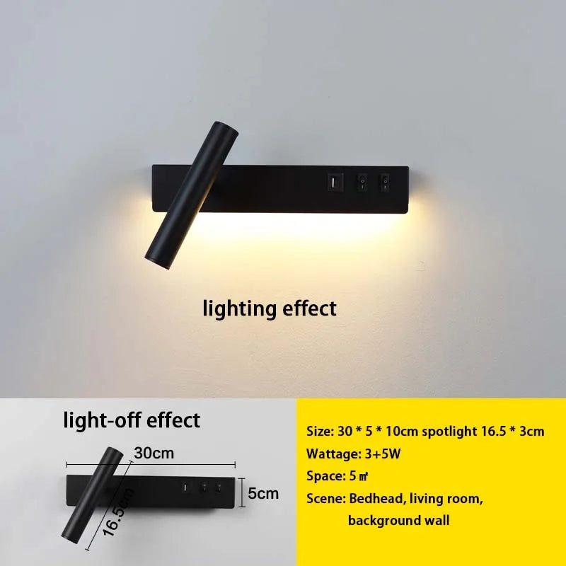 LED wall light with switch, rotatable USB reading spotlight, spotlighting, bedroom bedside hallway home decoration wall light