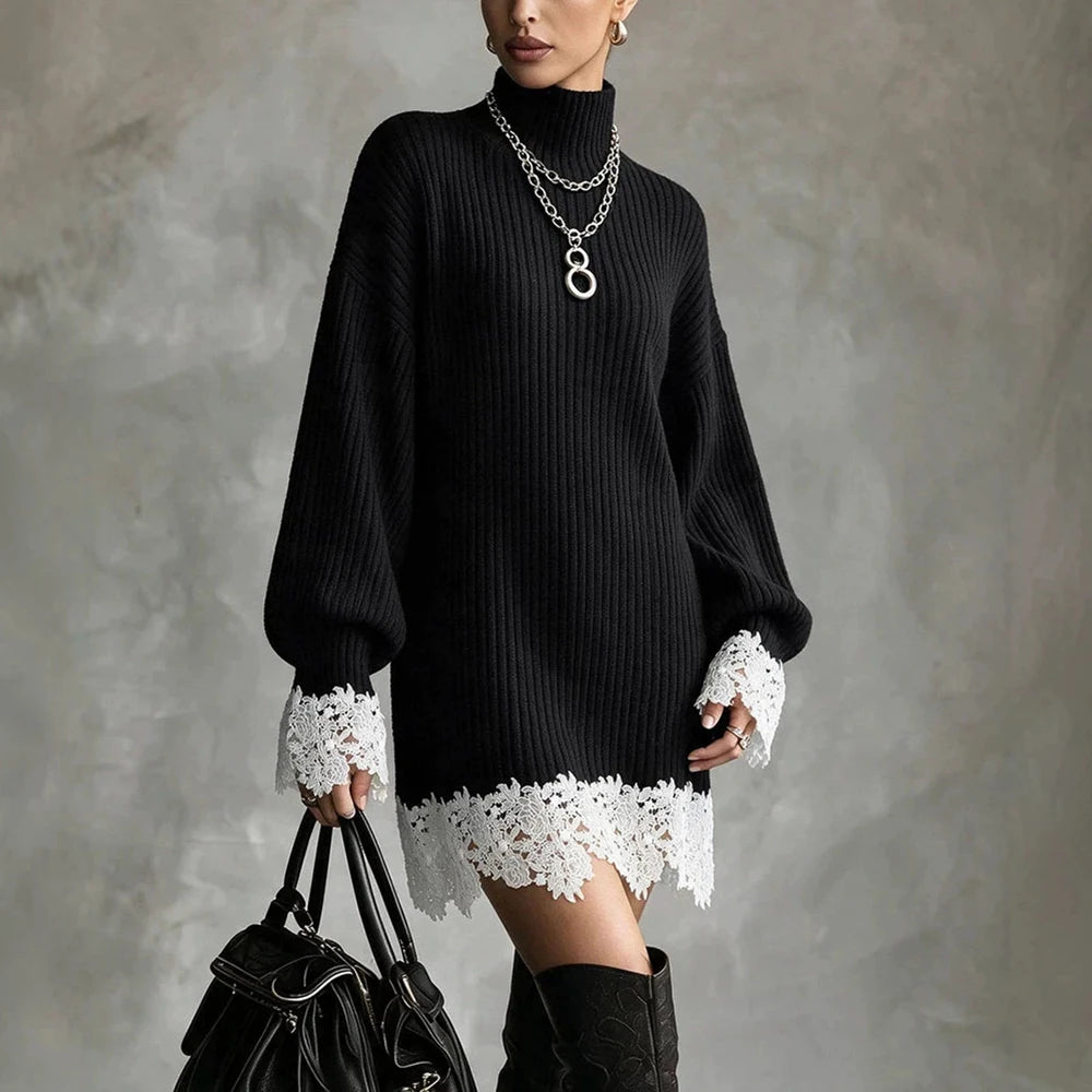Women Turtleneck Ribbed Knit Mini Dress Vintage Hollow Out Lace Hem Long Lantern Sleeves Loose Winter Streetwear Sweater Dresses