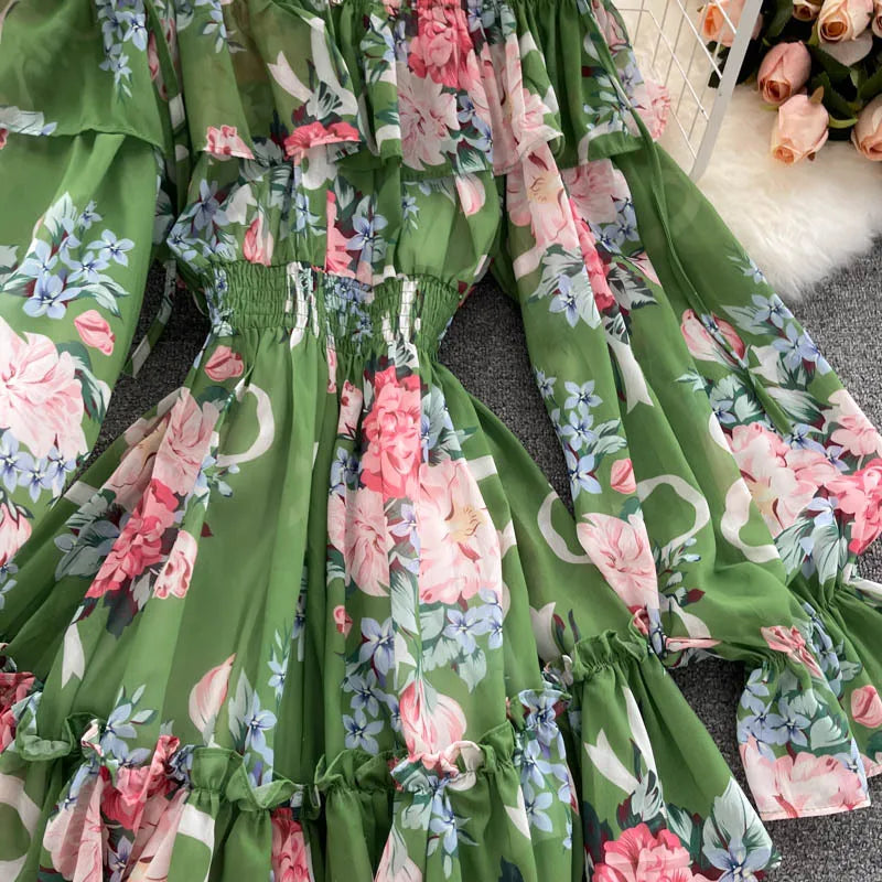 2025 New Retro Summer Beach Vacation Dress Women Sexy Strapless Lantern Sleeve Sweet Floral Jumpsuit Short Chiffon Print Dresses