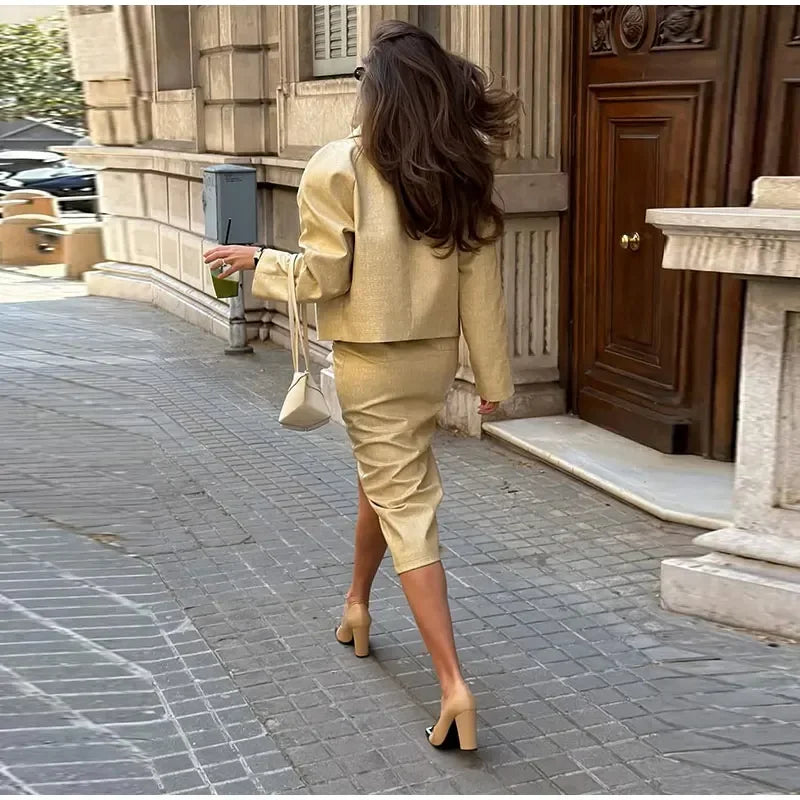 Women's Skirt Sets Crocodile Faux Leather Lapel Long Sleeve Button Oversized Jackets Straight Skirts Autumn Female Loose Outfits