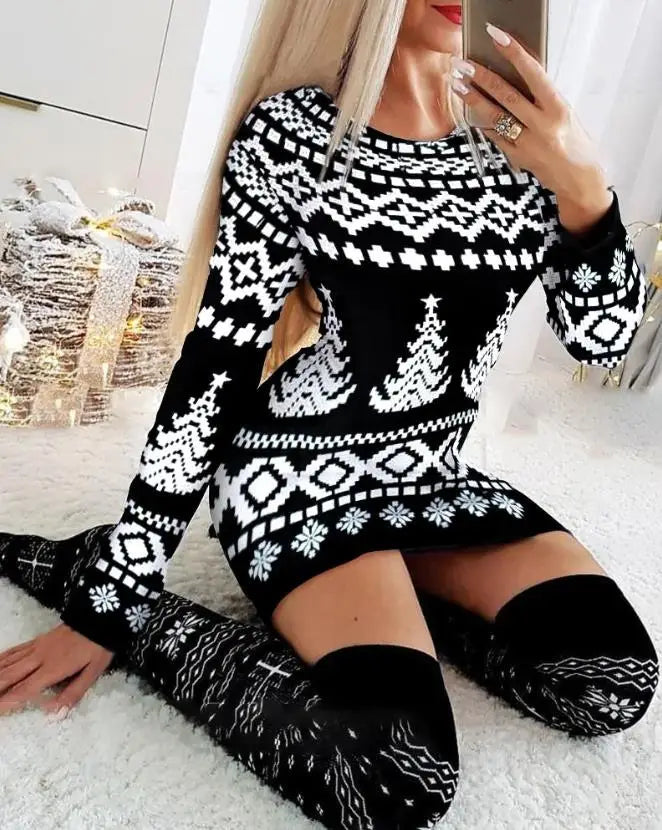Christmas Women's Dresses 2024 Autumn Long Sleeve Fashion Snowflake Elk Print Casual O-Neck Daily Skinny Mini Dress