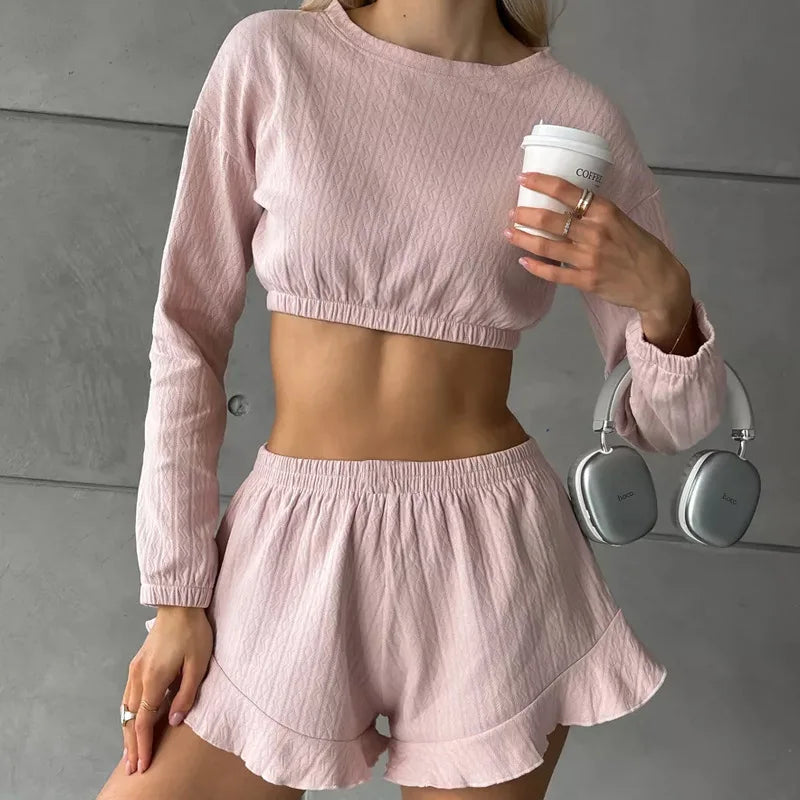 2026 Summer New Jacquard Waist Shorts Solid Color Top and Shorts Two Piece Set for Women