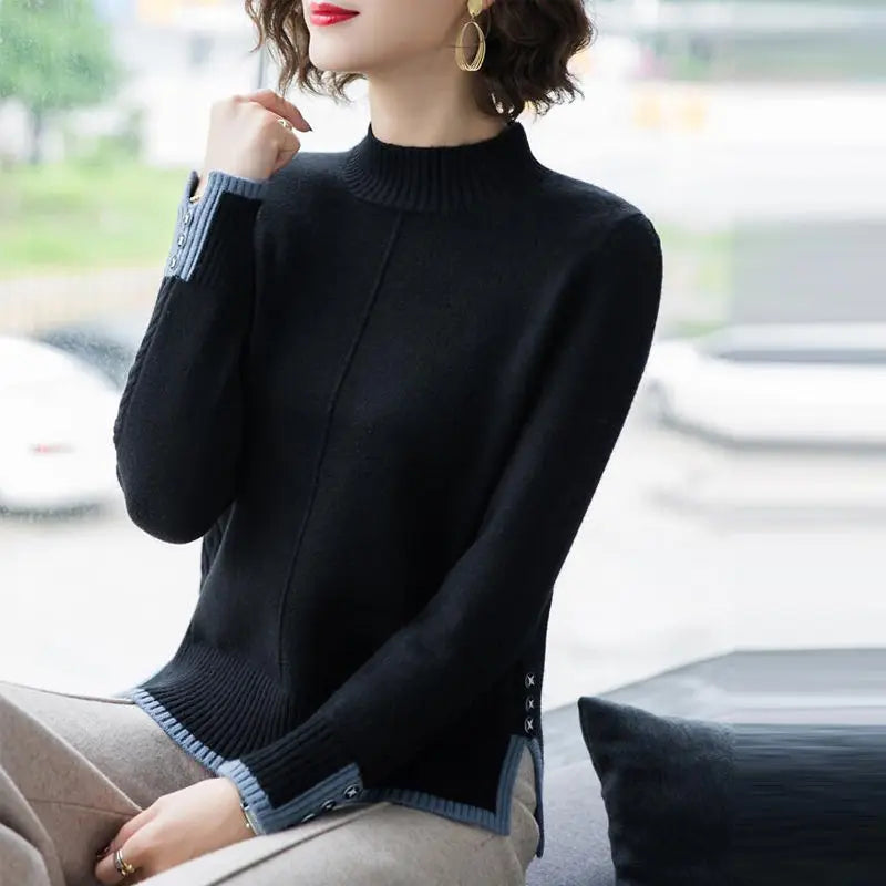 Stylish Stand Collar Button Knitted Spliced Korean Sweater Women's Clothing 2022 Autumn New  Casual pullovers Loose Commute Tops
