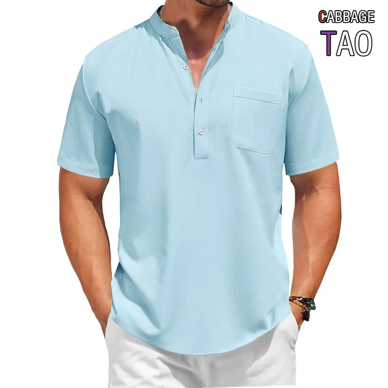 Mens Casual Henley Shirt Summer Short Sleeve Band Collar Cotton Tops Beach Hippie  Tee with Pockets Outdoor Streetwear for Men