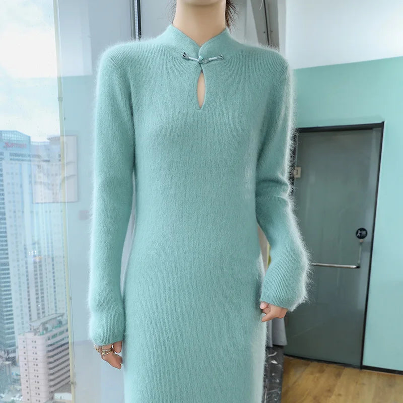 Women' 100%Pure Mink Cashmere Dress Stand-Up Collar Buckle Slim Knit Long Skirt Fashion High Waist Over The Knee Bottoming Dress