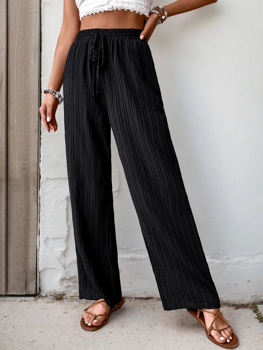 Womens High Waist Pleated Wide Leg Pants Simple Versatile Loose Casual Trousers