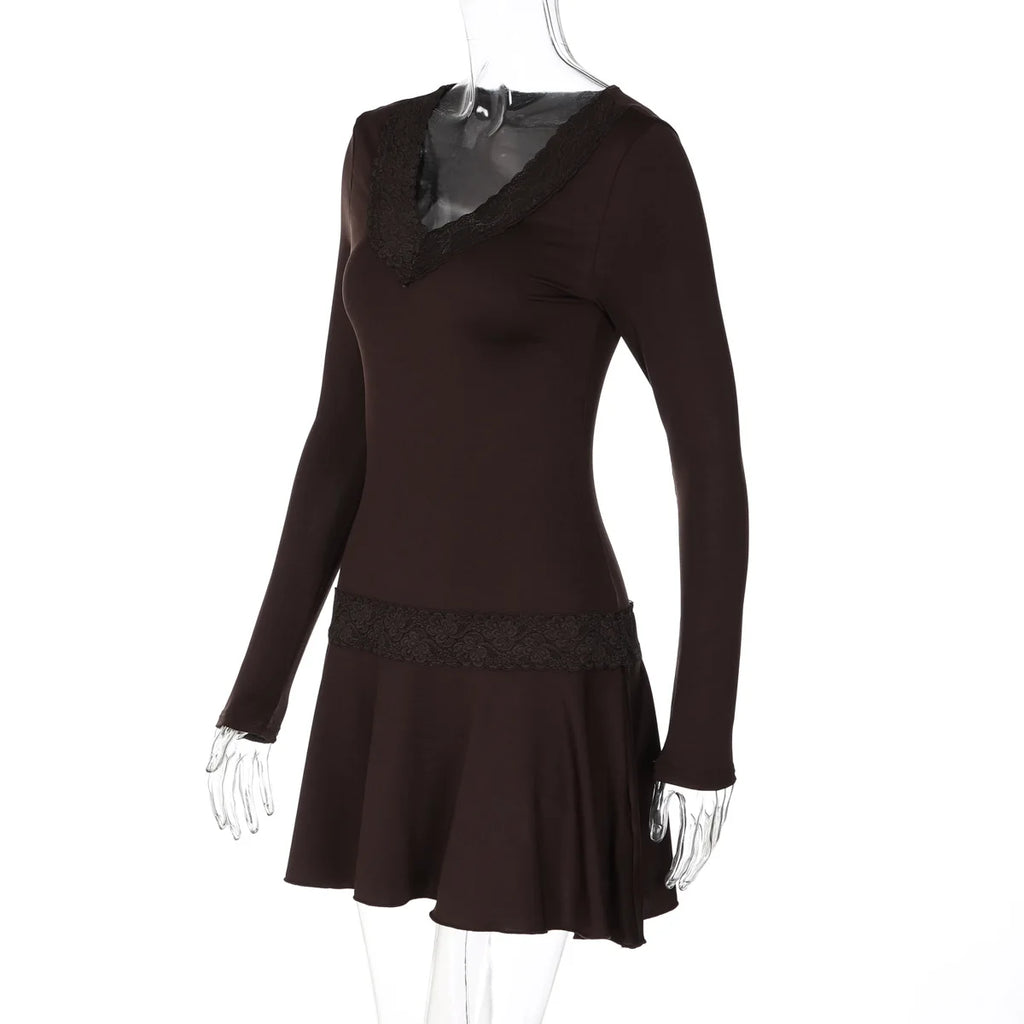FDYOUI Casual Sexy V-neck Lace Patchwork Mini Dresses Women Long Sleeve Pleated Slim Holiday Dress Party Club Outfit Streetwear