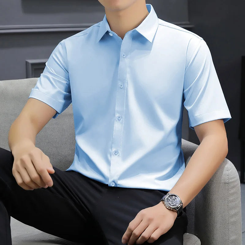 Casual Light Blue Short Sleeve Button Up Shirt for Men Versatile Collared Dress Shirt for Spring & Summer