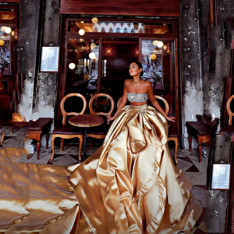 Gold Celebrity Gowns Beading Draped Strapless Crystal Formal Dress Puff Long Train Sexy 2 Pieces Prom Dresses Bow Floor Length