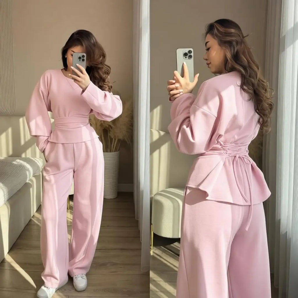 Women's 2 Piece Long Sleeve Top and Wide Leg Pants Set Casual Solid Color Pullover Sweatshirt and Trousers Lounge Wear Outfit