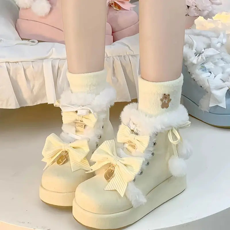 Sweet Girls Lolita Winter Snow Boots,Students Cute Plush Warm Bowknots PU Leather Lace Up Heightening Platform Shoes