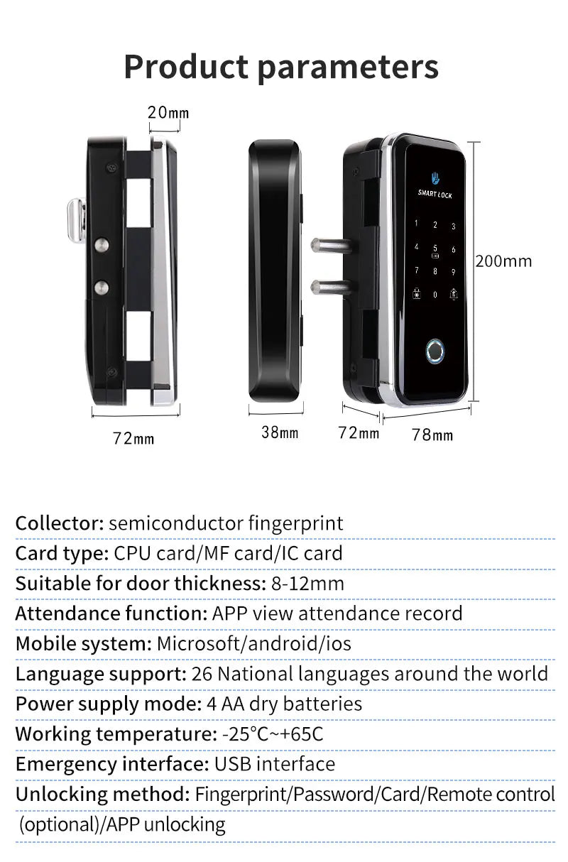 TTlock Smart Biometric Fingerprint WiFi Lock for Commercial Glass Door 5-in-1 Access Control (APP/Fingerprint/Card/Code/Remote)