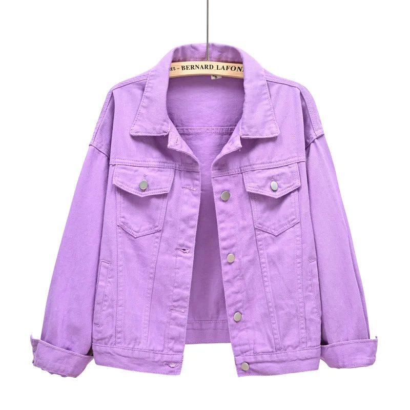 Pink Denim Jacket Women's Spring Autumn Single-breasted Lapel Coat Fashion Green Black Red Blue Outerwear Female Jean Overcoat